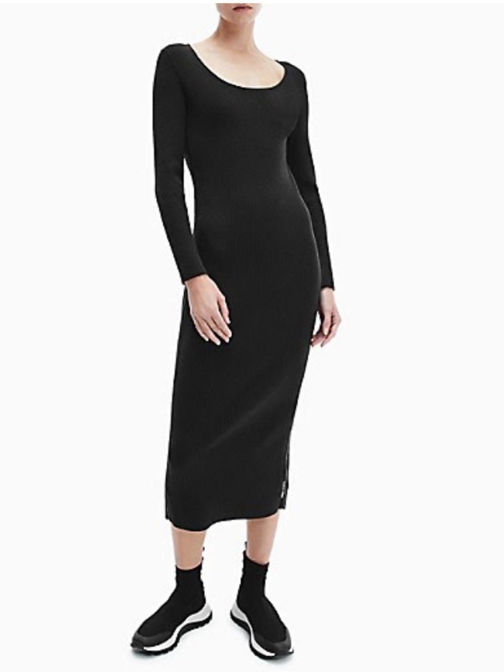 Calvin Klein Elegant Black Ribbed Long Sleeve Dress